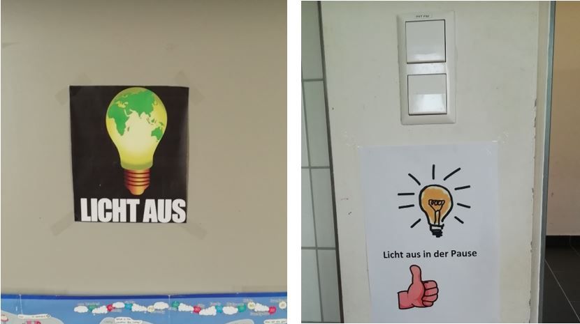 Schilder in der Schule "Licht aus!"